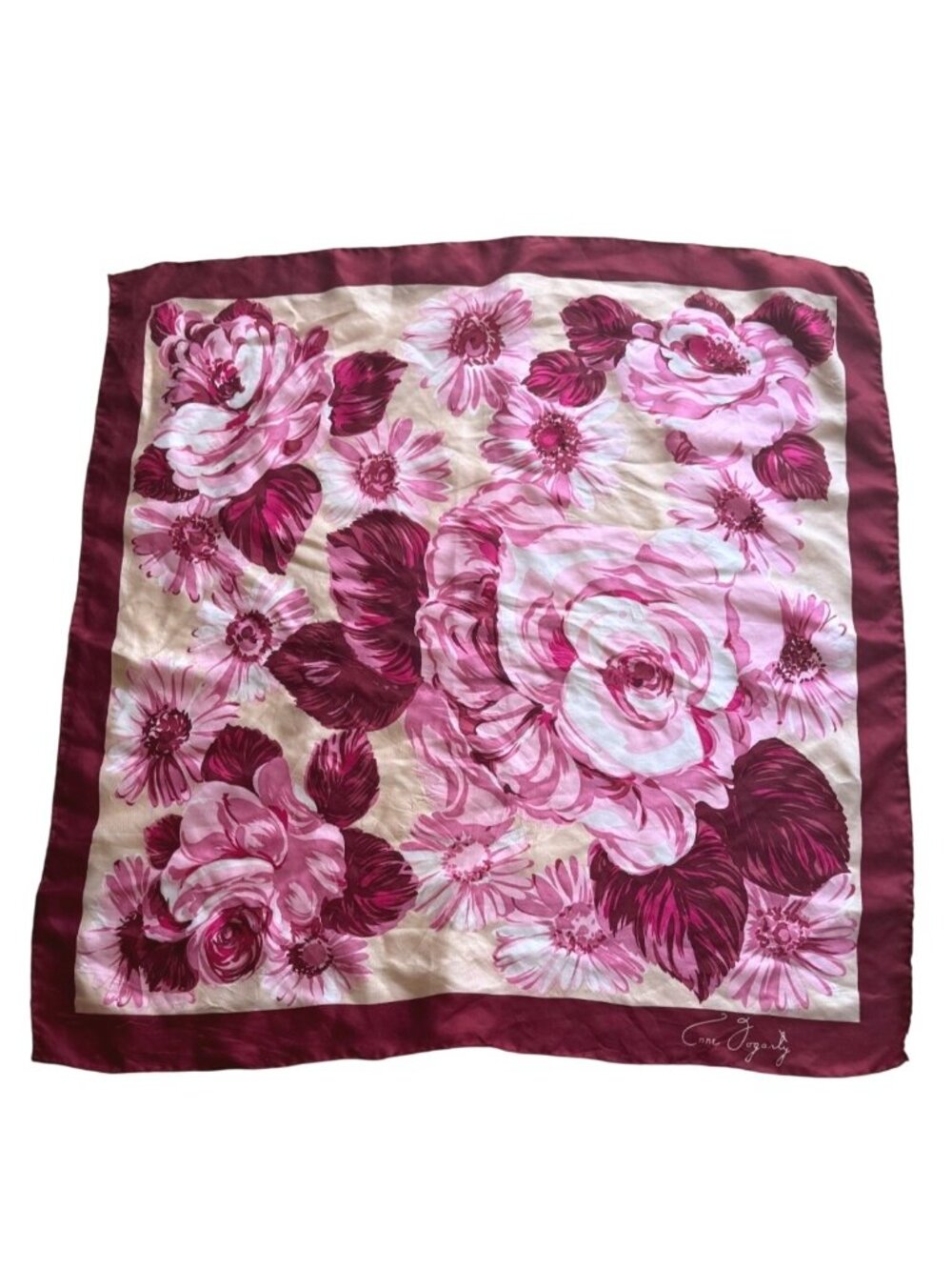 Anne Fogarty Women's Square Scarf Silk Pink Rose Floral Hand Stitched Vintage